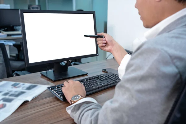 Parte Posterior Del Empresario Asiático Traje Formal Usando Señalando Pluma —  Fotos de Stock