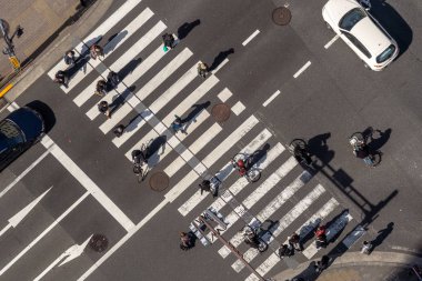 Tokyo, Japonya - Şubat 2019: Yayalar kalabalık tanımlanmamış insan Üstgeçit yürüyüş üstten görünüm sokak kavşak çapraz-yürüyüş güneş dat Tokyo ile Şubat 16, 2019, Tokyo, Japonya