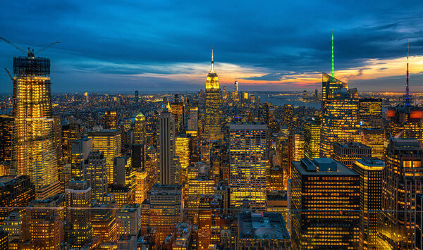 Top Scene of New York City cityscape in lower manhattan at the twilight time, USA downtown skyline, Architecture and building with tourist concept