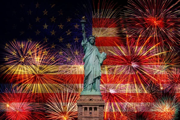 Statue Liberty Multicolor Fireworks Celebrate United State America Usa Flag — Stock Photo, Image
