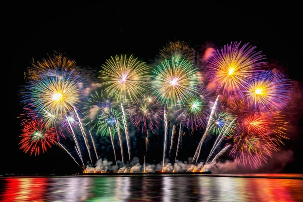 Amazing Colorful Fireworks Exploding Celebration Big Boat Sea Celebration Happy — Stock Photo, Image