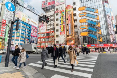 Tokyo, Japonya - Şubat 2019: yayalar kalabalık tanımsız insanlar Üstgeçit yürüyüş sokak kavşak çapraz-yürüyüş Akihabara içinde Şubat 13, 2019 Tokyo,Japan.culture ve elektrik şehir alışveriş alanı