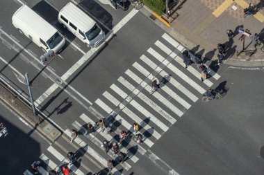 Tokyo, Japonya - Şubat 2019: Yayalar kalabalık tanımlanmamış insan Üstgeçit yürüyüş üstten görünüm sokak kavşak çapraz-yürüyüş güneş dat Tokyo ile Şubat 16, 2019, Tokyo, Japonya