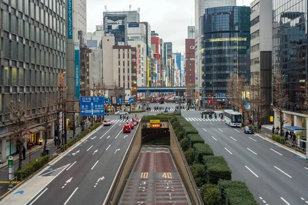 2019年2月 2019年2月15日 東京で新橋と銀座エリアの横断歩道を通って横断歩道を歩く多くの車や群衆のラッシュアワーの交通 — ストック写真