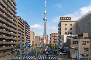 Tokyo, Japonya-Şubat 2019: Tokyo Skytree çeşitli Bina Cityscape ve trafik yol kavşağı ile Febuary 20, 2019, Tokyo, Japonya. Japon Kültür ve gökdelen kavramı acele saat bulmak