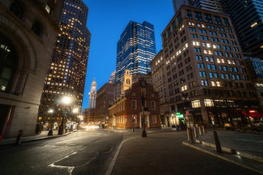 Scene of Boston Old State House buiding at twilight time in Massachusetts USA, Architecture and building with tourist concept clipart