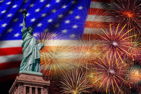 Statue Liberty Multicolor Fireworks Celebrate United State America Usa Flag — Stock Photo, Image