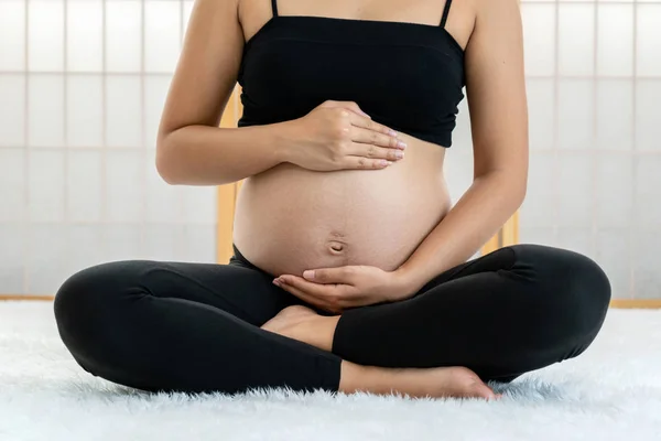 Closeup Asian Pregnant Sitting Holds Hands Belly Japanese Style House — Stock Photo, Image