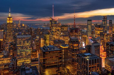 Alacakaranlık saatinde Aşağı Manhattan'da New York Cityscape Top Scene, Abd şehir silueti, Mimarlık ve turistik konsepti ile bina