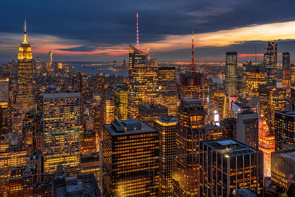Top Scene of New York City cityscape in lower manhattan at the twilight time, USA downtown skyline, Architecture and building with tourist concept
