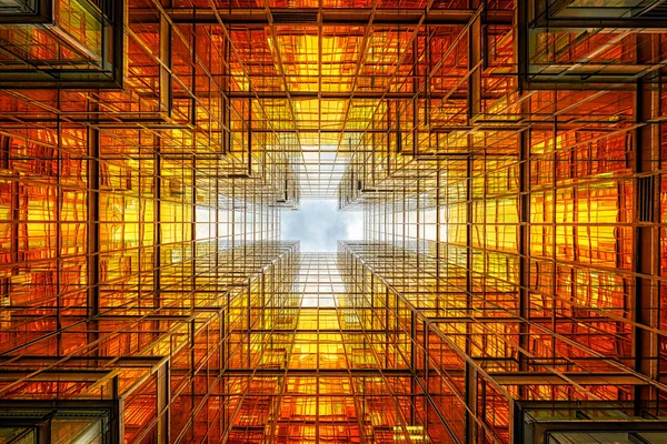 Uprisen Angle Hong Kong Skyskrapa Med Reflektion Moln Bland Hög — Stockfoto