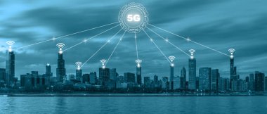 5g Teknoloji katkı sağlayıcı merkezi Şikago Şehri Panorama, Mimarlık ve turist, Dijital Veri Bilgisayar iletişimi ve nesnelerin konsepti ile internet arasındaki bağlantı hattı üzerinden
