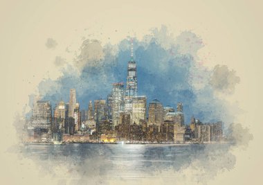 Dijital Suluboya Panorama New York şehir manzarası nehir kenarı, ABD, turist, illüstrasyon ve sanat kavramına sahip mimari ve bina