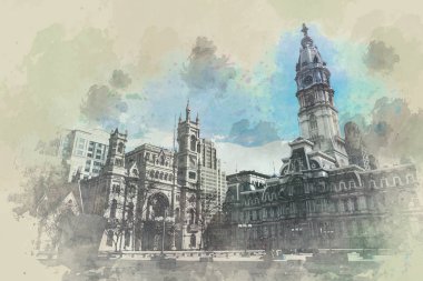 Philadelphia Belediyesi Dijital Suluboya Sahnesi, Masonik Tapınak ve Arch Caddesi Birleşik Metodist Kilisesi, Turist, illüstrasyon ve sanat kavramlı mimari ve bina