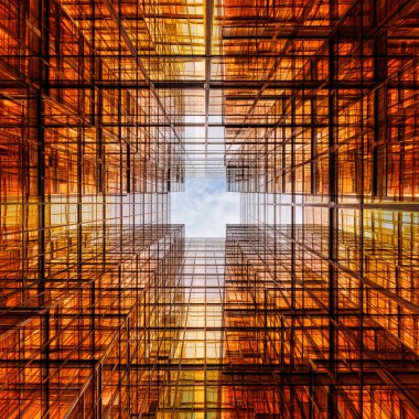 Yüksek bina arasında bulutların yansıması ile Hong Kong gökdelenuprisen açısı, Bina gözlük, iş ve finans, Mimarlık ve endüstriyel kavram