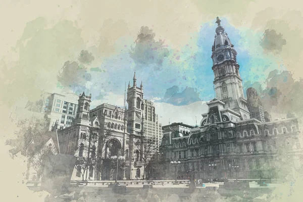 Digital Watercolor Scene Philadelphia City Hall Masonic Temple Arch Street — Stok Foto