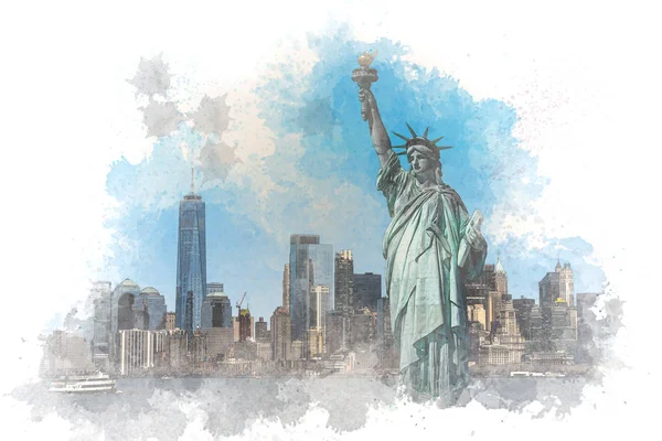 Digital Watercolor Statue Liberty Scene New York Cityscape River Side — Stock Photo, Image