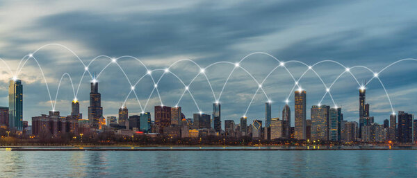 Technology Connection line between Panorama of Chicago Cityscape United States, Business Architecture and building with tourist, Digital Data computer communication and internet of things concept