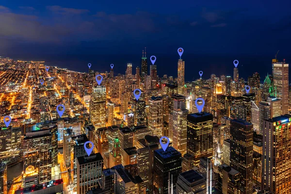Kartensymbolnadel Über Luftaufnahme Von Chicagos Stadtbild Wolkenkratzer Unter Blauem Himmel — Stockfoto