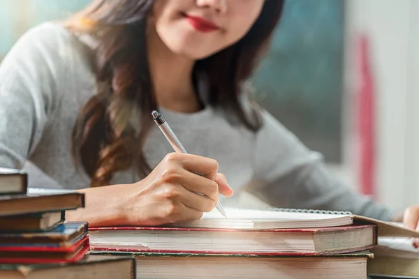 Closeup Asian Young Student Hand Writing Homework Library University Colleage Stock Picture