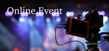 Çevrimiçi Olay metni üzerinden Video Kamera çevrimiçi webinar kaydı veya sosyal ağ veya televizyon prodüksiyon yayını yoluyla konser, Çevrimdışı yayın bitti, covid salgın, e-öğrenme ve çevrimiçi seminer sona erdi