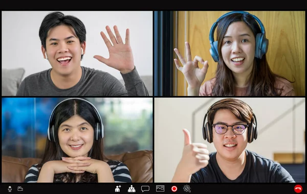 Empresários Asiáticos Encontram Votam Com Colega Trabalho Equipe Tela Videoconferência — Fotografia de Stock