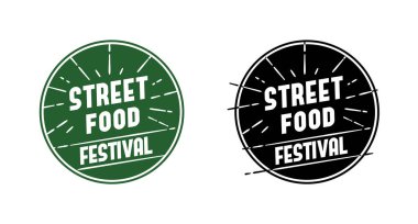 Yemek sokağı festivali logosu. Amblem yuvarlak. Vektör illüstrasyon simgesi.