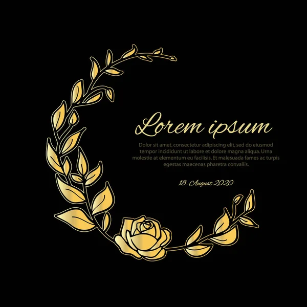 Funeral Card Template Golden Wreath Made Leafs Rose Black Background — Stock Vector