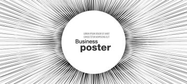 Işınlar ve bir düğme ile siyah-beyaz web afişi. Tasarım vektör düzeni şablonu.