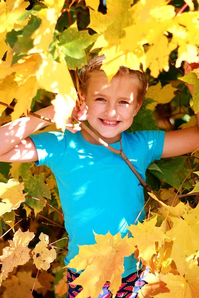 Sarı ve yeşil yaprakları ile kız. Açık sonbahar fotoğraf