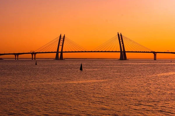 Cable bridge on sunset.