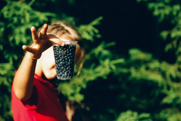 Mädchen pflückt Blaubeeren im Wald — Stockfoto