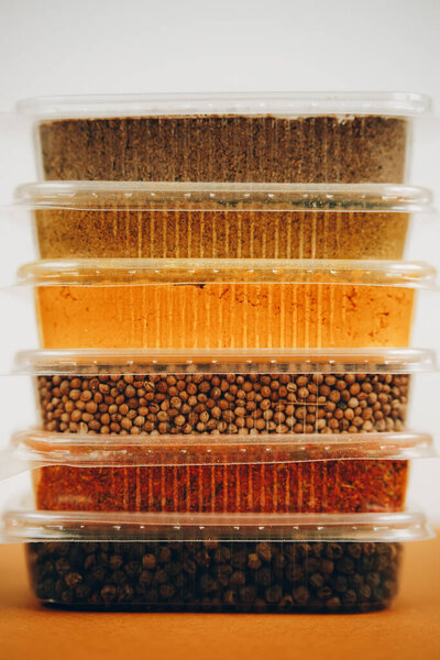 various spices and herbs packed in small transparent plastic bags