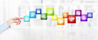 Office iş iş kavramı, el parmak dokunmatik ekran renkleri simgeleri, web afiş ve kopya şablon alanı