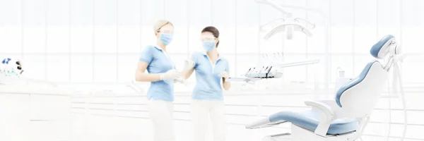 Dental Clinic Interior Doctors Blurred Background Copy Space Template — Stock Photo, Image