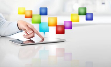 Office iş iş kavramı, dokunmatik ekran boş renk simgeleri dijital tablet el, başlık ve kopya alanı şablonu web