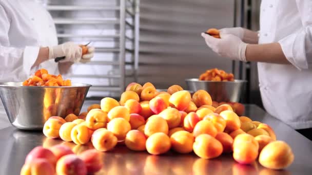 Handen Gebak Chef Kok Snijden Abrikozen Bereiden Jam Industriële Keuken — Stockvideo