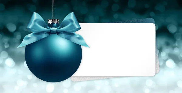 Joyeux Panneau Noël Carte Cadeau Boule Bleue Avec Ruban Bleu — Photo