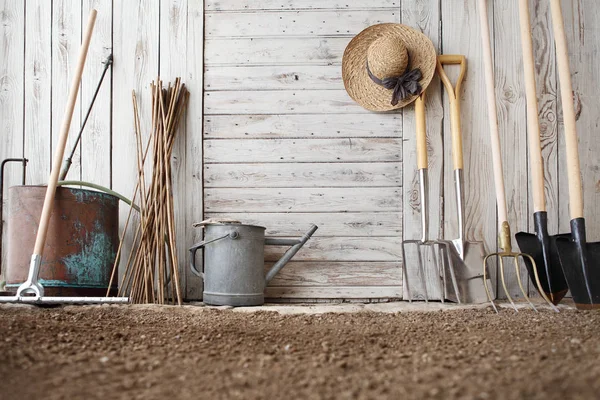 Gartengeräte Hölzerner Weißer Wand Geräte Für Den Gemüsegarten Kopierraum Hintergrund — Stockfoto