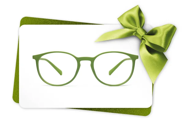 眼镜礼品卡 绿色眼镜和绿色丝带弓 查出在白色背景 — 图库照片