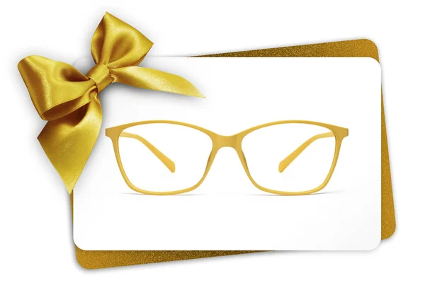 Eyeglasses Gift Card Spectacles Golden Ribbon Bow Isolated White Background — Stock Photo, Image
