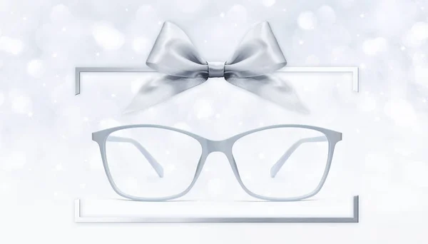 Eyeglasses Gift Card Grey Spectacles Silver Ribbon Bow Box Frame — Stock Photo, Image