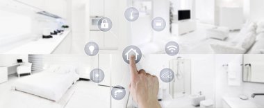 Akıllı ev kontrol kavramı el dokunmatik simgeleri ekran ile iç mekanlar, oturma odası, mutfak, yatak odası ve banyo arka plan bulanık Tarih, başlık ve kopya alanı şablonu web