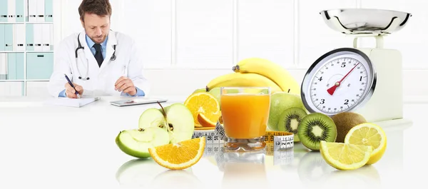 Dietitian Nutritionist Doctor Prescribes Prescription Consulting Digital Tablet Sitting Desk — Stock Photo, Image
