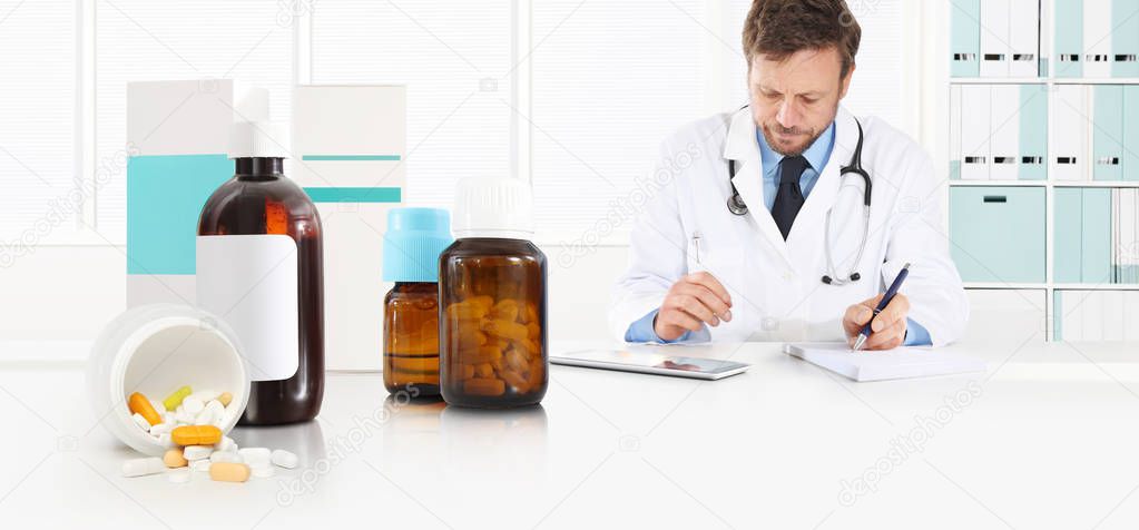 doctor prescribes prescription sitting at the desk office with pills, drugs and medicine bottles, medical care concept, web banner and copy space template