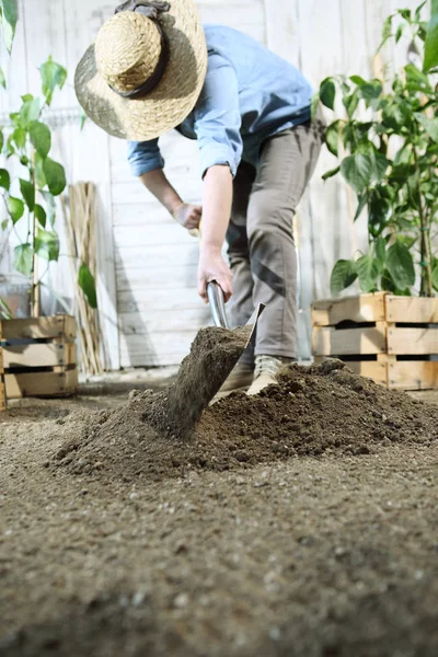 Woman Plant Vegetable Garden Work Digging Spring Soil Shovel Wooden — Stockfoto
