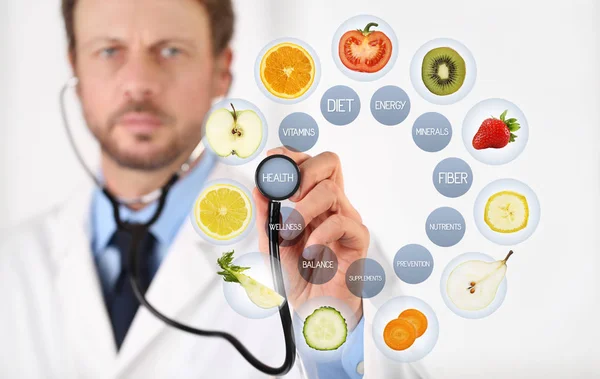 Nutritionist Doctor Hand Stethoscope Touch Screen Blue Medical Symbols Fruits — Stock Photo, Image