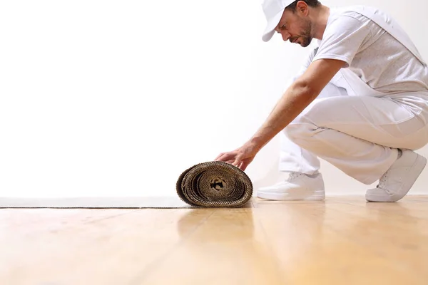 Painter Man Work Rolls Cardboard Floor Copy Space Template — Stock Photo, Image