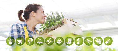 Bahçe Ekipmanları e-ticaret simgeler, gülümseyen kadın koku AROMAT