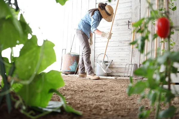 Vrouw in de moestuin met hark van de houten muur van — Stockfoto